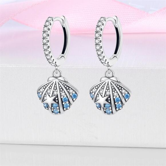 Sterling Silver Seashell Hoop Earrings with Blue Zircons S925 - Picture 3 of 5